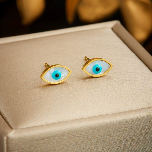Fashion Retro Gold Plated Stainless Steel Jewelry Chain Necklace And Earrings With Blue Eyes Design For Women