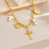 Fashion Retro Gold Plated Stainless Steel Oval Cross Pearl Pendant Necklace With Doll Pattern For Women