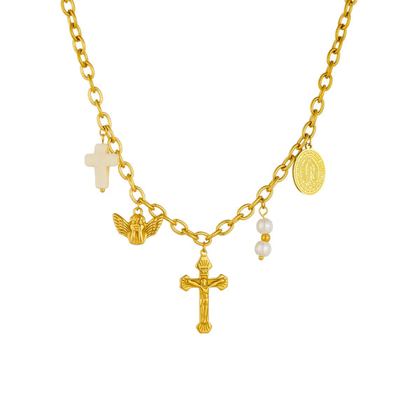 Fashion Retro Gold Plated Stainless Steel Oval Cross Pearl Pendant Necklace With Doll Pattern For Women