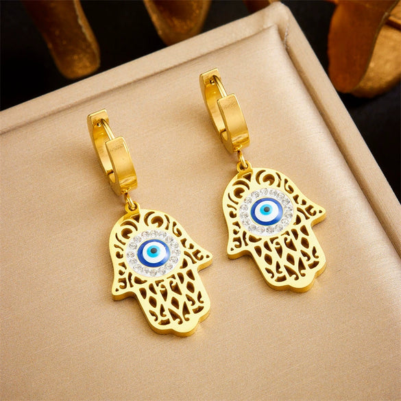 Fashion Retro Goldplated Stainless Steel Hollow Oil Dripping Colorful Eyes Palm Fanshaped Pendant Earrings For Women