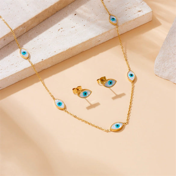 Fashion Retro Goldplated Stainless Steel Jewelry Set With Blue Eye Design Necklace And Earrings