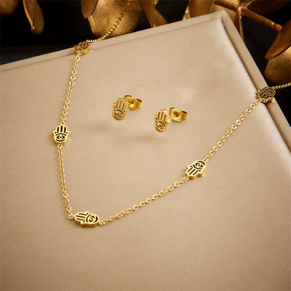 Fashion Retro Hollow Palm Stainless Steel Chain Earrings Necklace Twopiece Set With Electroplating