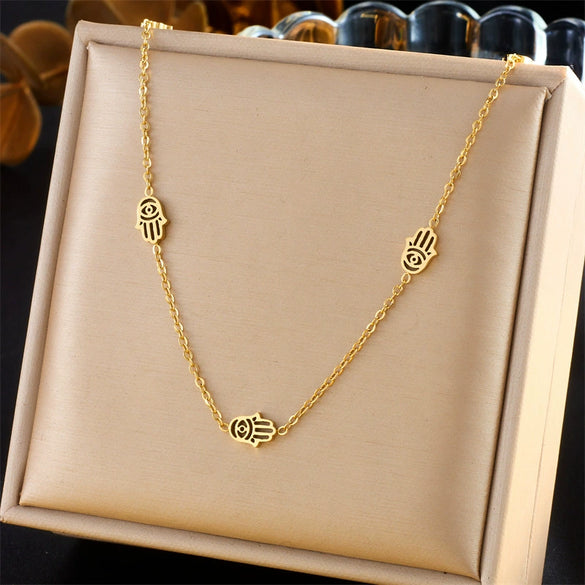 Fashion Retro Hollow Palm Stainless Steel Chain Earrings Necklace Twopiece Set With Electroplating