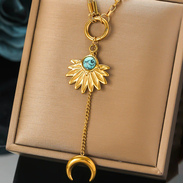 Fashion Retro Long Tassel Moon Pendant Stainless Steel Fanshaped Women's Chain Necklace With Electroplating Treatment