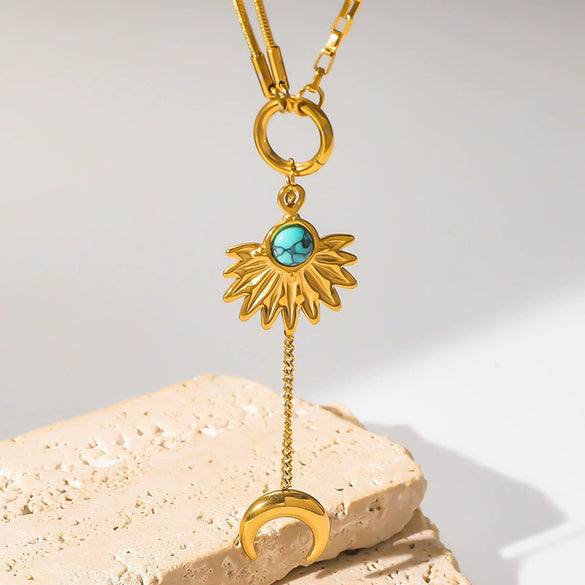 Fashion Retro Long Tassel Moon Pendant Stainless Steel Fanshaped Women's Chain Necklace With Electroplating Treatment