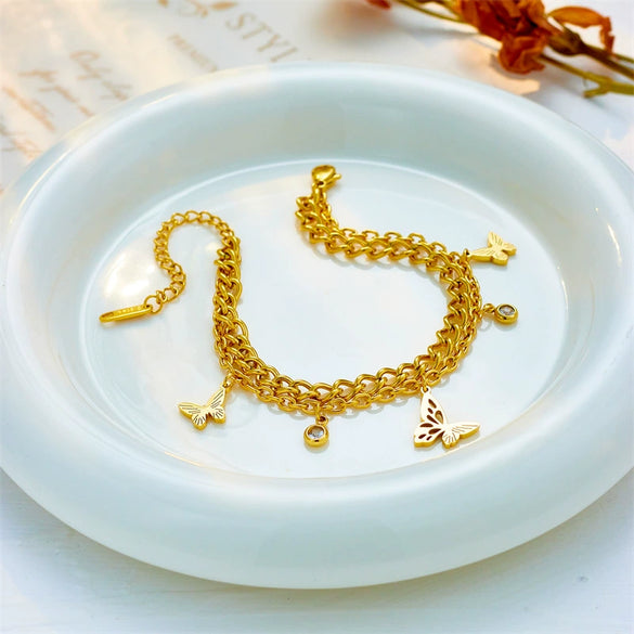 Fashion Retro Metal Hollow Butterfly Diamond Pendant Titanium Steel Double Layer Chain Bracelet For Women With Electroplating