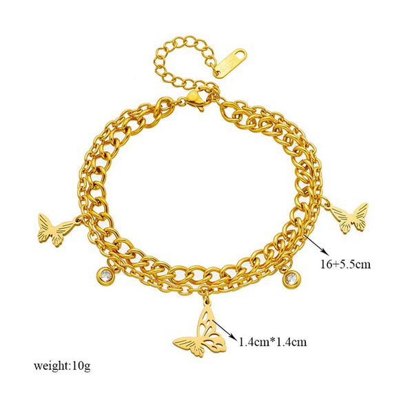 Fashion Retro Metal Hollow Butterfly Diamond Pendant Titanium Steel Double Layer Chain Bracelet For Women With Electroplating