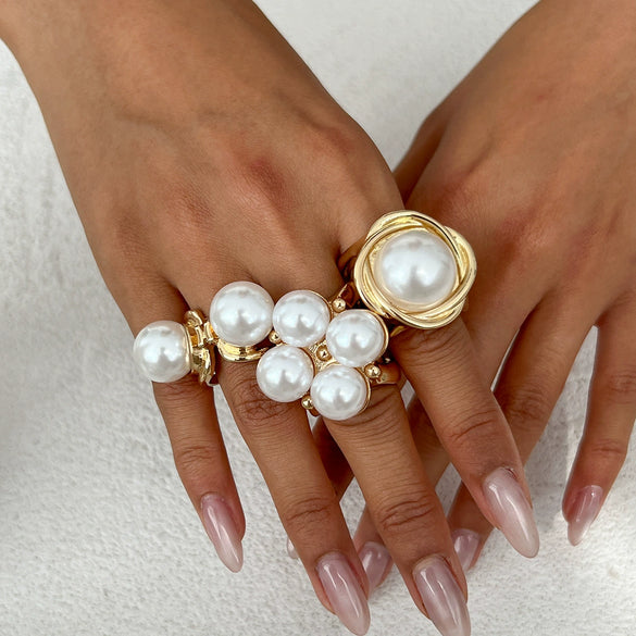 Fashion Retro Metal Imitation Pearl Geometric Style Ring Set With Electroplating And Button Joint