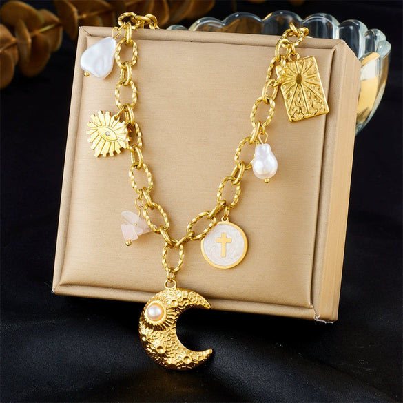 Fashion Retro Multielement Pendant Goldplated Stainless Steel Star Pattern Chain Women's Necklace