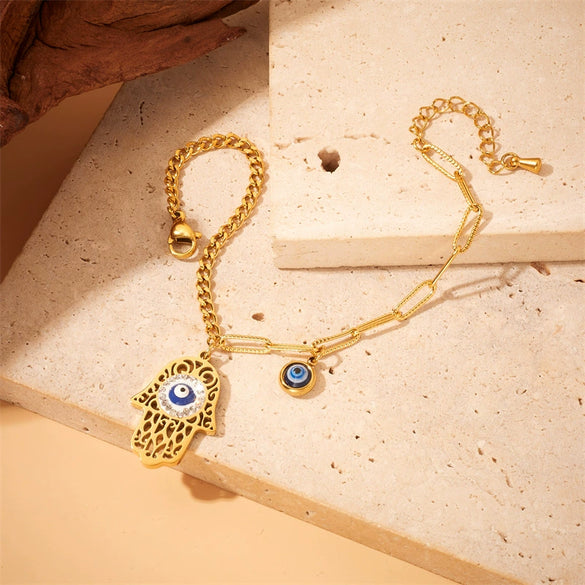 Fashion Retro Oil Dripping Devil Eye Crochet Palm Pendant Stainless Steel Bracelet Electroplated