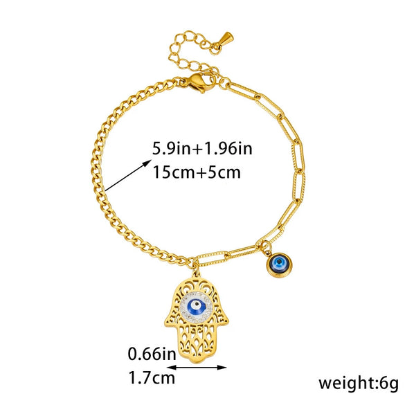 Fashion Retro Oil Dripping Devil Eye Crochet Palm Pendant Stainless Steel Bracelet Electroplated