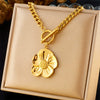 Fashion Retro Ot Buckle Side Chain Flower Pendant Stainless Steel Jewelry Necklace Gold Plated