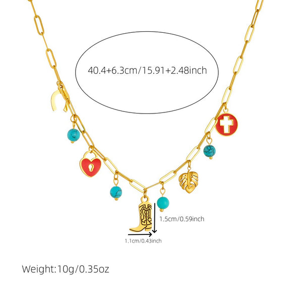 Fashion Retro Pendant Chain Necklace Stainless Steel With Red Oil Dropping Round Hollow Cross Love Lock Leaf And Heart Shapes Electroplating
