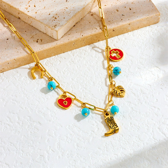 Fashion Retro Pendant Chain Necklace Stainless Steel With Red Oil Dropping Round Hollow Cross Love Lock Leaf And Heart Shapes Electroplating