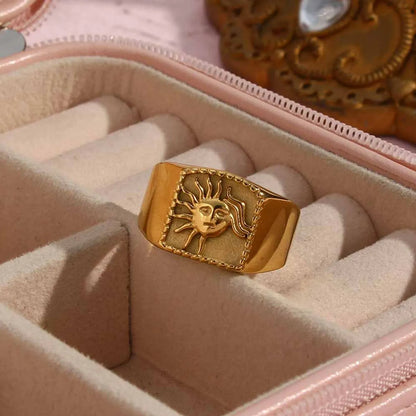 Fashion Retro Plated 18k Gold Casting Sun Stainless Steel Ring