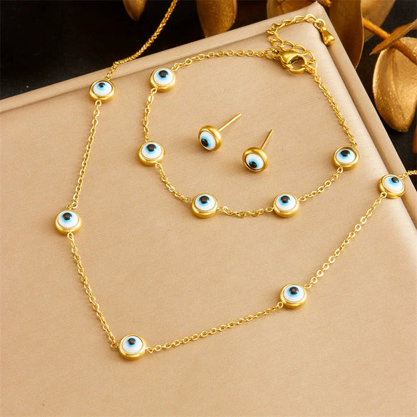 Fashion Retro Round Devil Eyes Blue Turquoise Flower Love Stainless Steel Jewelry Threepiece Set With Electroplating