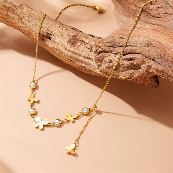 Fashion Retro Round Pearl Smooth White Shell Butterfly Pendant Tassel Chain Stainless Steel Necklace With Animal Zodiac Pattern And Electroplating Treatment