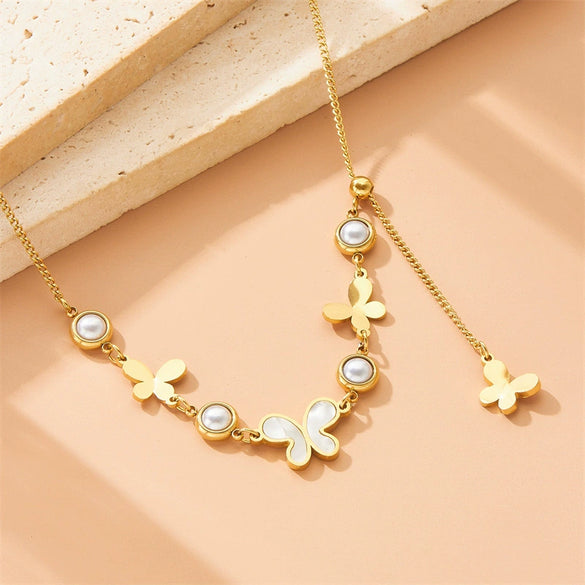 Fashion Retro Round Pearl Smooth White Shell Butterfly Pendant Tassel Chain Stainless Steel Necklace With Animal Zodiac Pattern And Electroplating Treatment