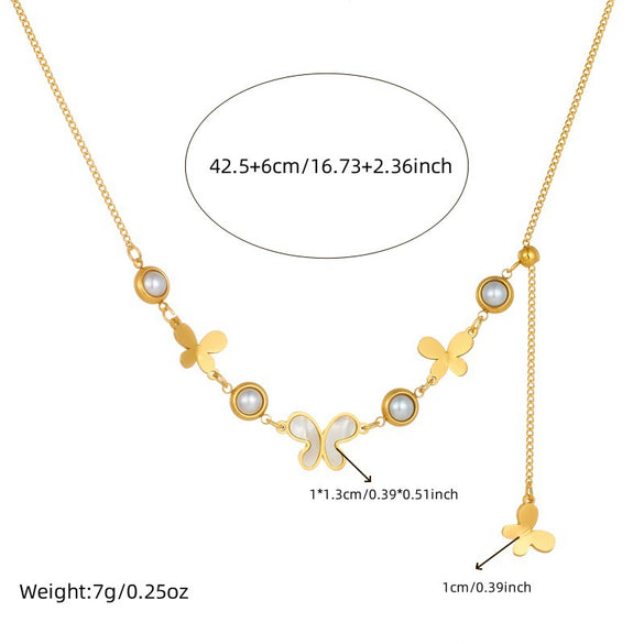 Fashion Retro Round Pearl Smooth White Shell Butterfly Pendant Tassel Chain Stainless Steel Necklace With Animal Zodiac Pattern And Electroplating Treatment