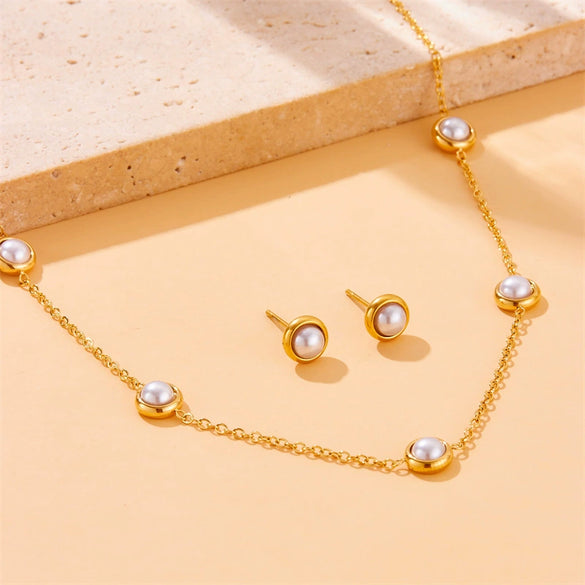 Fashion Retro Round Pearl Stainless Steel Jewelry Set With Electroplating Bracelet Earrings Necklace Accessories