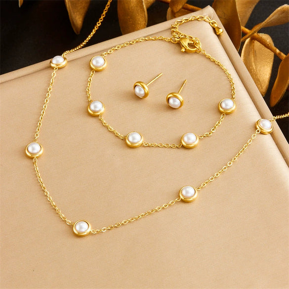 Fashion Retro Round Pearl Stainless Steel Jewelry Set With Electroplating Bracelet Earrings Necklace Accessories