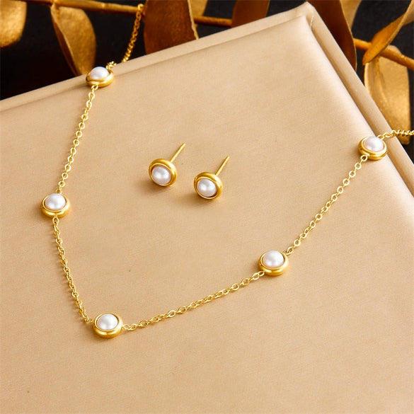 Fashion Retro Round Pearl Stainless Steel Jewelry Set With Electroplating Bracelet Earrings Necklace Accessories
