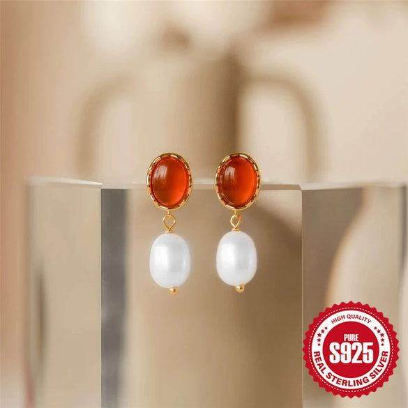 Fashion Retro S925 Sterling Silver Geometric Agate Pearl Emerald Single Row Diamondembedded Earring With Ear Buckle And Studs Set With Gemstones