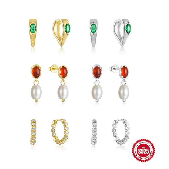 Fashion Retro S925 Sterling Silver Geometric Agate Pearl Emerald Single Row Diamondembedded Earring With Ear Buckle And Studs Set With Gemstones