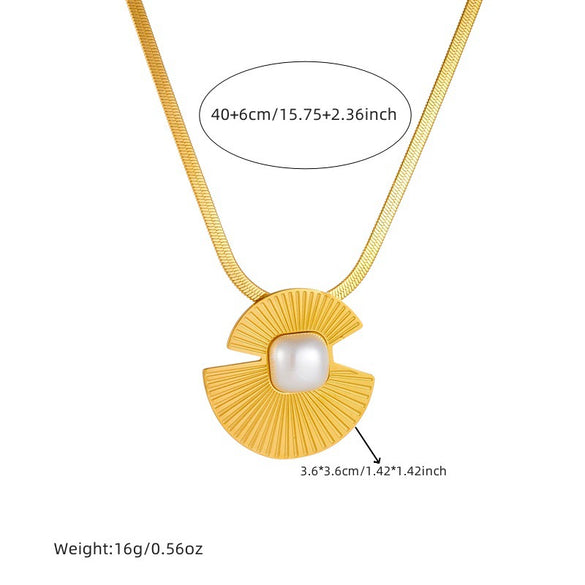 Fashion Retro Simple Cold Style Stainless Steel Goldplated Fanshaped Pearl Pendant Necklace Accessories