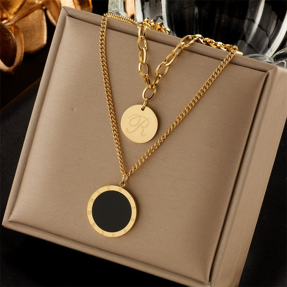 Fashion Retro Simple Double Layer Stacked Titanium Steel Geometric Roman Round Pendant Necklace For Women With Electroplating