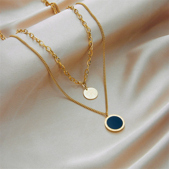 Fashion Retro Simple Double Layer Stacked Titanium Steel Geometric Roman Round Pendant Necklace For Women With Electroplating