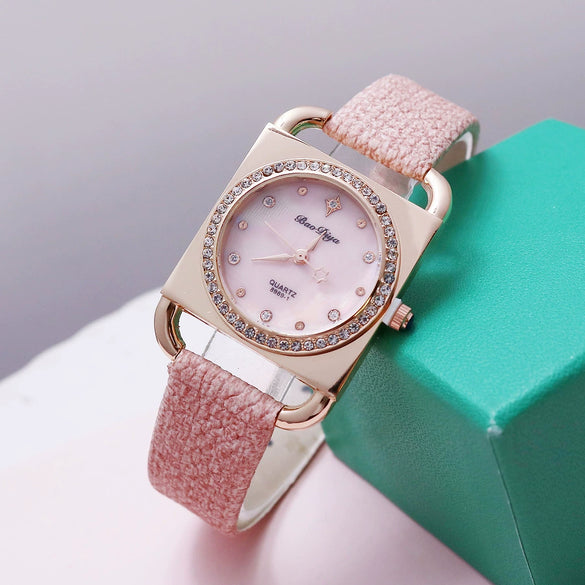 Fashion Retro Square Rhinestone Quartz Watch For Female Students Pu Strap Alloy Case
