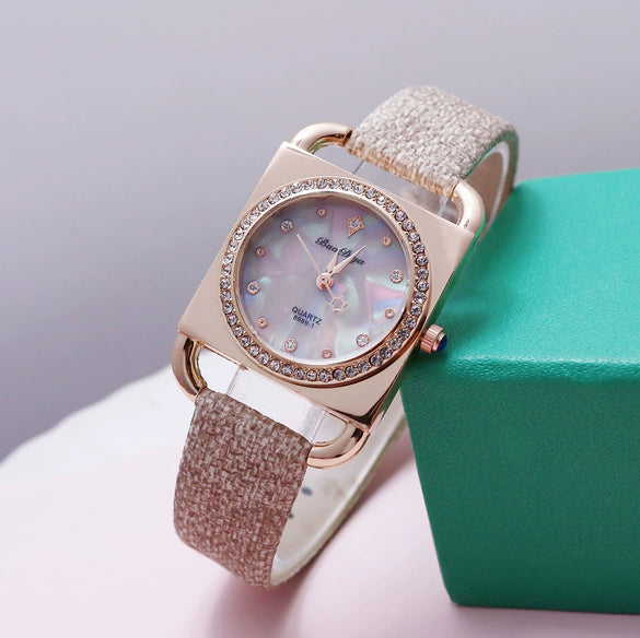Fashion Retro Square Rhinestone Quartz Watch For Female Students Pu Strap Alloy Case