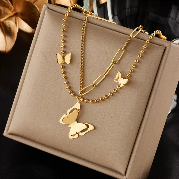 Fashion Retro Stacked Chain Stainless Steel Butterfly Moon Pearl Pendant Necklace For Women With Electroplating