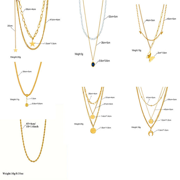 Fashion Retro Stacked Chain Stainless Steel Butterfly Moon Pearl Pendant Necklace For Women With Electroplating
