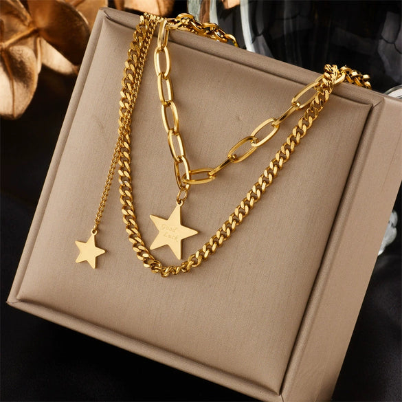 Fashion Retro Stacked Chain Stainless Steel Butterfly Moon Pearl Pendant Necklace For Women With Electroplating