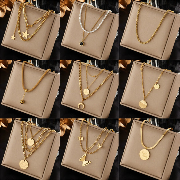 Fashion Retro Stacked Chain Stainless Steel Butterfly Moon Pearl Pendant Necklace For Women With Electroplating