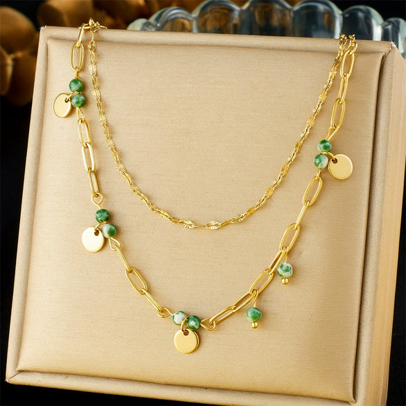 Fashion Retro Stacked Stainless Steel Goldplated Clavicle Chain Doublelayer Geometric Women's Necklace