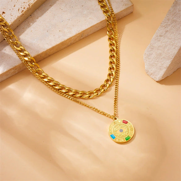 Fashion Retro Stainless Steel Compass Pendant Double Chain Electroplated Jewelry Necklace For Women