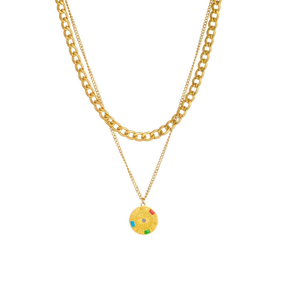 Fashion Retro Stainless Steel Compass Pendant Double Chain Electroplated Jewelry Necklace For Women