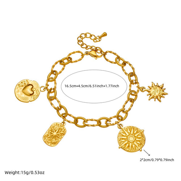 Fashion Retro Stainless Steel Heart Shape Pendant Bracelet Gold Plated