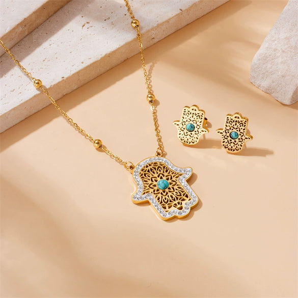 Fashion Retro Stainless Steel Necklace And Earrings With Inlaid Blue Turquoise Hollow Palm Pattern And Electroplating Treatment