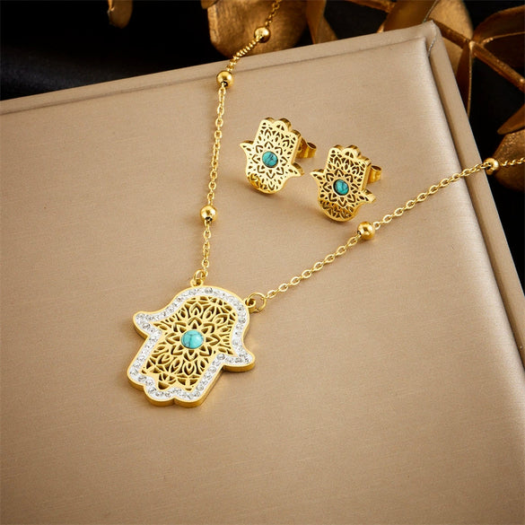 Fashion Retro Stainless Steel Necklace And Earrings With Inlaid Blue Turquoise Hollow Palm Pattern And Electroplating Treatment