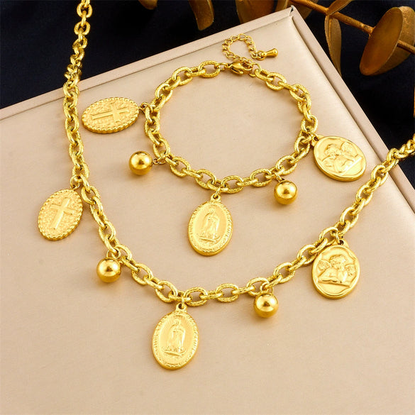 Fashion Retro Stainless Steel Oval Coin Pendant O Chain Jewelry Gold Plated