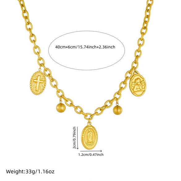 Fashion Retro Stainless Steel Oval Coin Pendant O Chain Jewelry Gold Plated