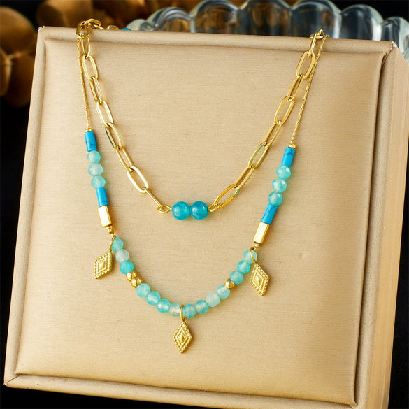 Fashion Retro Stainless Steel Oword Chain Necklace With Blue Beaded Stacked And Rhombus Pattern Electroplated