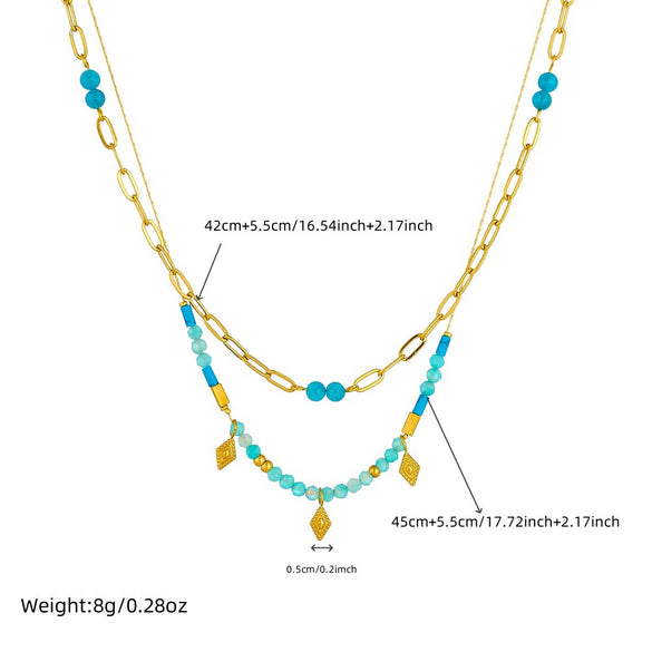 Fashion Retro Stainless Steel Oword Chain Necklace With Blue Beaded Stacked And Rhombus Pattern Electroplated
