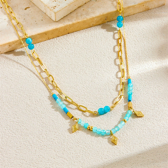 Fashion Retro Stainless Steel Oword Chain Necklace With Blue Beaded Stacked And Rhombus Pattern Electroplated