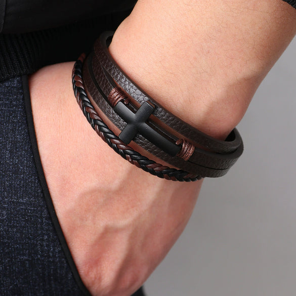 Fashion Retro Style Alloy Bracelet With Cross Design Magnetic Buckle Multilayer Simple Woven Leather Electroplated