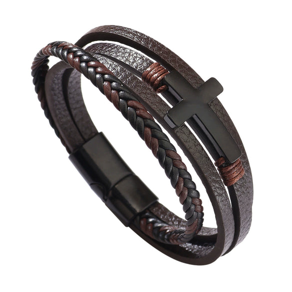 Fashion Retro Style Alloy Bracelet With Cross Design Magnetic Buckle Multilayer Simple Woven Leather Electroplated